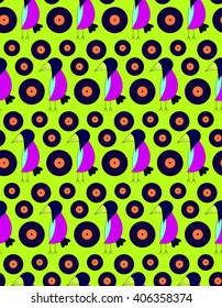 Children's bright cute pattern crow DJ with gramophone records on a green background. Bright children's drawing, pattern, for printing on fabric, paper, packaging, wallpaper.