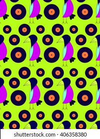 Children's bright cute pattern crow DJ with gramophone records on a green background. Bright children's drawing, pattern, for printing on fabric, paper, packaging, wallpaper.