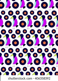 Children's bright cute pattern crow DJ with gramophone records on a white background. Bright children's drawing, pattern, for printing on fabric, paper, packaging, wallpaper.