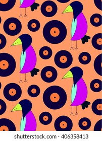 Children's bright cute pattern crow DJ with gramophone records on a orange background. Bright children's drawing, pattern, for printing on fabric, paper, packaging, wallpaper.