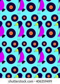 Children's bright cute pattern crow DJ with gramophone records on a blue background. Bright children's drawing, pattern, for printing on fabric, paper, packaging, wallpaper.