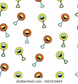 Children's, bright, plastic rattle toys, in the shape of a camomile with a ball inside, geometric seamless pattern on a white background, vector. For printing on children's clothing, textiles, holiday