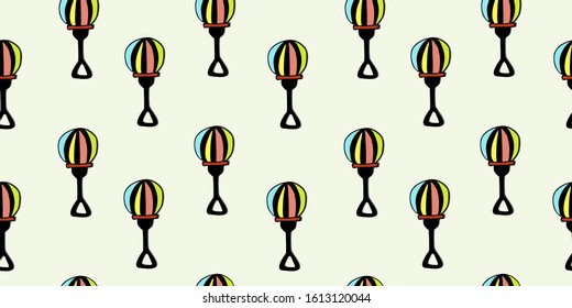 Children's, bright, plastic rattle toys, Round musical, striped toy, seamless texture on a light background, vector. For printing on children's clothing, textiles, holiday packaging.