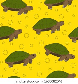 children's bright seamless pattern sea green-brown turtle on a yellow mustard background with bubbles . Print marine life