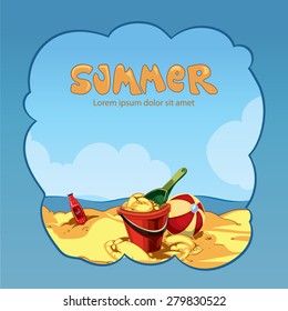 children's bucket and ball on the sad near the ocean. Concept cover