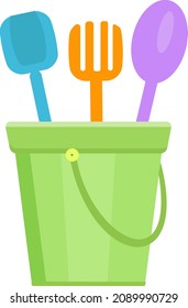 Children's bucket. Plastic container, garden tools for playing with sand. Vector illustration. Isolated icon.