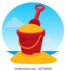 Children's bucket with sand and rake. Color illustration of a summer theme.