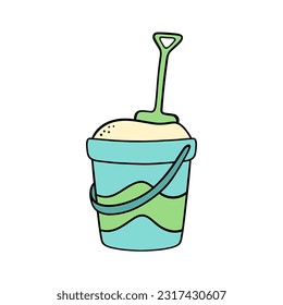 Children's bucket with sand and a shovel. Beach toys. Children's accessories. Vector illustration in doodle style.