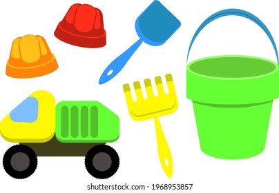 Children's bucket, shovel and rake, sand moulds isolated on a white background. A set of toys for children a sandbox and a playground, a small bucket, a spatula and molds. 