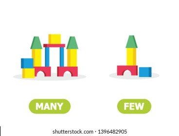 Children's building blocks. Illustration of opposites many and few. Card for teaching aid, for a foreign language learning. Vector illustration on white background, cartoon style.