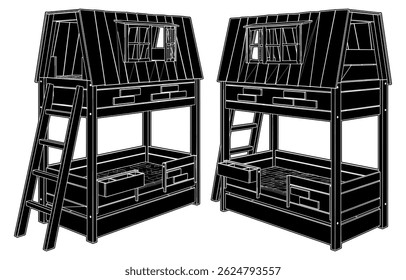 Children's Bunk Bed Vector 06. Illustration Of A Double-Decker Bed Which Looks Like A Tree House In A Child's Room Isolated On A White Background.