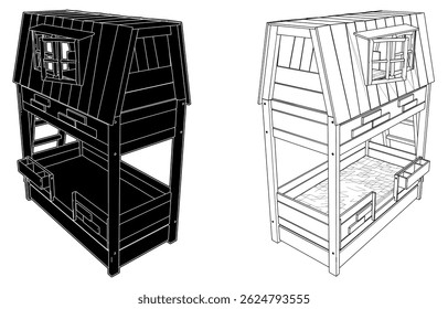 Children's Bunk Bed Vector 07. Illustration Of A Double-Decker Bed Which Looks Like A Tree House In A Child's Room Isolated On A White Background.