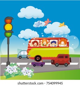 children's bus, road, traffic, children, joy