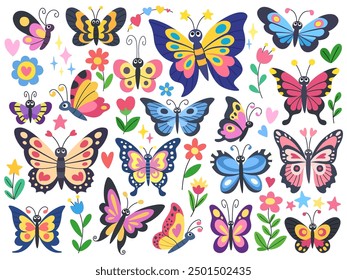 Childrens butterflies and flowers collection. Cute cartoon colorful butterflies and flowers on a white background.