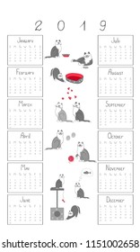 Children's calendar for 2019 is gray striped kittens hand drawn. Vector illustration. 