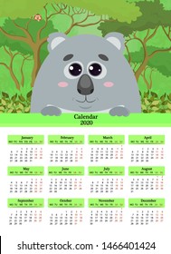 Children's calendar 2020. Vector poster with the cute Koala in a landscape. The week starts on Monday. 12 months on the page.