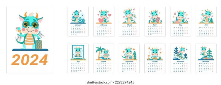 Children's calendar for 2024 with a cute green dragon - the symbol of the year. Monthly calendar with vector illustrations of a cute little dragon in a flat cartoon style. Vertical pages.