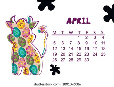 Children's calendar by months for 2021 with the image of a bull. Vector illustration.
