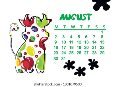 Children's calendar by months for 2021 with the image of a bull. Vector illustration.
