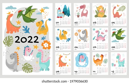 Children's calendar template for 2022. Bright vertical design with abstract dinosaurs in a flat style. Editable vector illustration, set of 12 months with cover. Week starts on Monday.