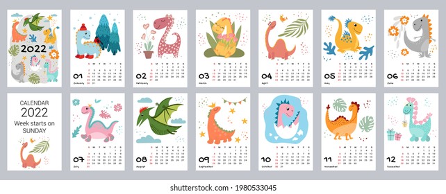 Children's calendar template for 2022. Bright vertical design with abstract dinosaurs in a flat style. Editable vector illustration, set of 12 months with cover. Week starts on Sunday.