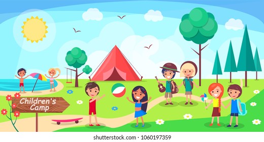 Children's camp poster depicting kids having fun. Vector illustration of boys and girls playing, sunbathing and enjoying themselves