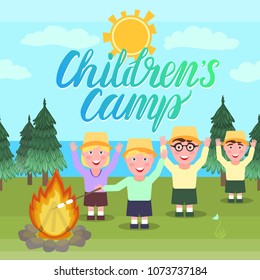 Children's camp vector illustration. The girl and the boys are waving hands and picnic hike near the fire. Seamless background.
