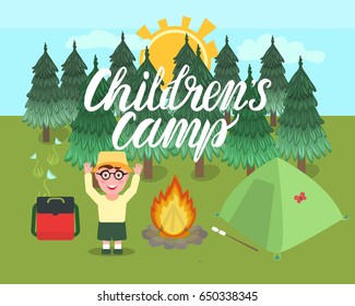 Children's camp vector illustration. Kids campground with a fire and a tent. Character young boy smiling and waving his hands.