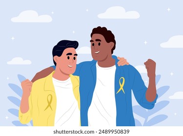 Children's Cancer Awareness Month. Cute teenagers with yellow ribbon. Childhood cancer awareness concept.