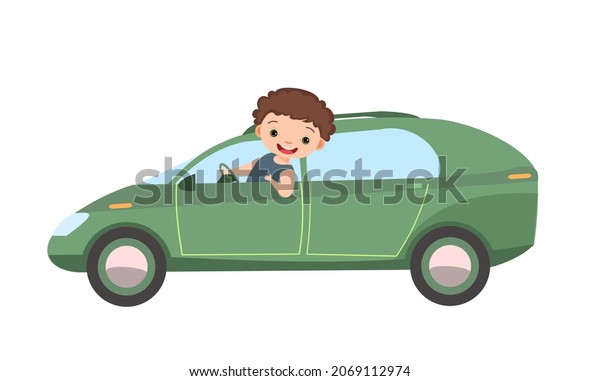 Childrens car. Kid rides on green modern\
automobile. Toy vehicle. With a motor. Cute passenger auto.\
Isolated on white background.\
Vector.