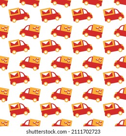 Children's car pattern. Cargo mail van delivers letters and parcels. Seamless print with red cartoon vehicles for  design of baby products in themes of transport, city service. Flat kids illustration.