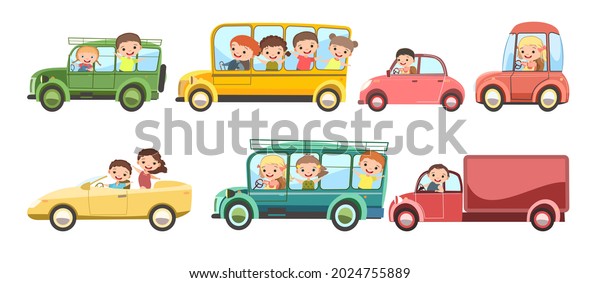 Childrens car. Set. Kids drives\
different cars, truck and school bus. Toy avehicle. With a motor.\
Nice passenger auto. Isolated over white background.\
Vector