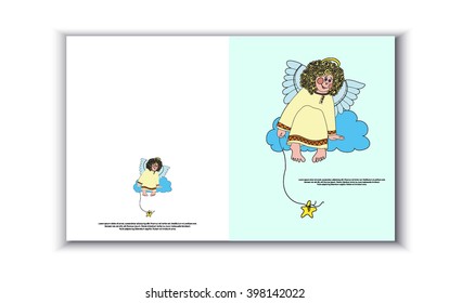 Children's card with an angel on  cloud, greeting card, cartoon angel, children's card with angel
