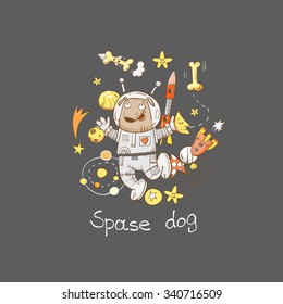Children's card with cartoon dog astronaut, rockets, stars and planets. Vector image.