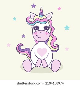 Children's card with a cute sitting unicorn in pastel colors. Vector illustration.