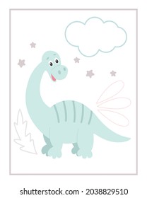 Children's card with dinosaur, cloud and leaves, vector illustration. Cute template for printing postcards, picture or pattern. Delicate pastel baby background.