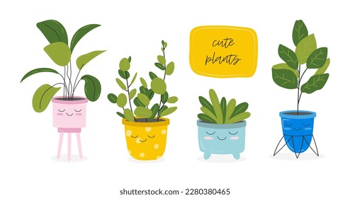 Childrens card and drawing houseplant in pot and slogan about friend  Cute kawaii houseplants and lattering  plants are friends  Vector stock illustration isolated white background