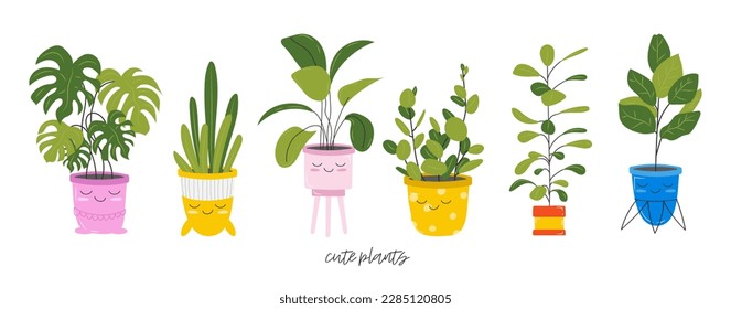 Childrens card and drawing houseplant in pot and slogan about friend  Cute kawaii houseplants and lattering  plants are friends  Vector stock illustration isolated white background