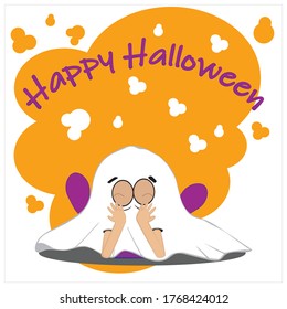 Children's card for Halloween.A child in a ghost costume lies on his stomach.Above is violet inscription Happy Halloween on orange.Vector illustration, layered.Each layer and group are named.