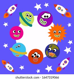 Children's card from the planets. Funny planets with funny faces. Cute rockets and stars. Cartoon style. Stock illustration.