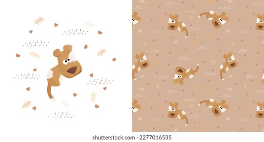 Children's card and seamless pattern. children's pattern with a cute dog