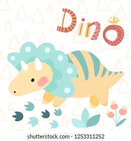 Children's card. Vector illustrations. Cute kids cartoon dinosaur. Prehistoric period. simple scandinavian child design