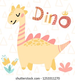 Children's card. Vector illustrations. Cute kids cartoon dinosaur. Prehistoric period.