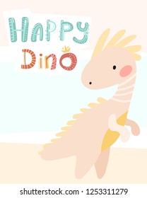 Children's card. Vector illustrations. Cute kids cartoon dinosaur. Prehistoric period. Happy dino. simple scandinavian child design