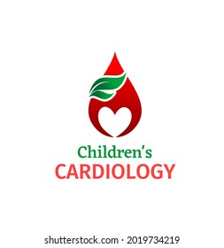 Childrens Cardiology Isolated Vector Icon Of Heart Health, Medicine And Health Care. Human Heart In Red Drop Of Blood With Green Leaves, Cardiology Medical Center Or Hospital Emblem Design