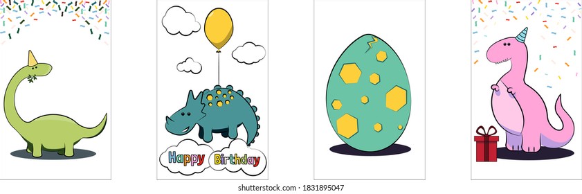 Children's cards on which painted cute dinosaurs of different types and a dinosaur egg, characters for cartoons.