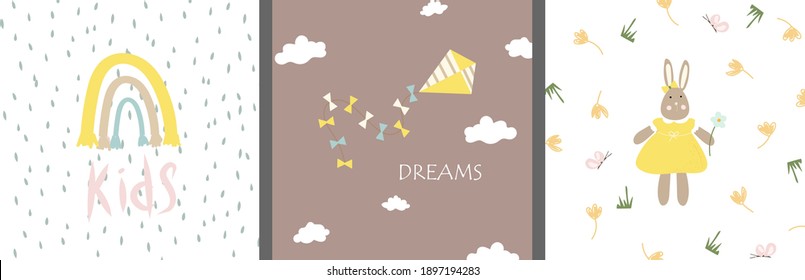 Children's cards. Rainbow, kite, rabbit. Vector templates for posters and cards.