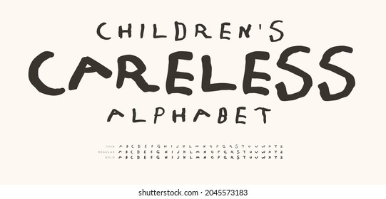 Childrens careless alphabet, hand drawn doodle letters, marker line font. Childhood fun letter set for kids logo, child art, childish game typography. Cute preschool typographic design, cartoon type