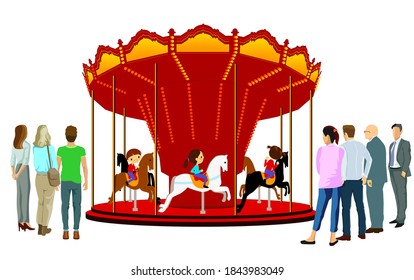 Children's carousel with children. Isolated illustration on a white background.