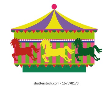Children's carousel with horses isolated on a white background.
